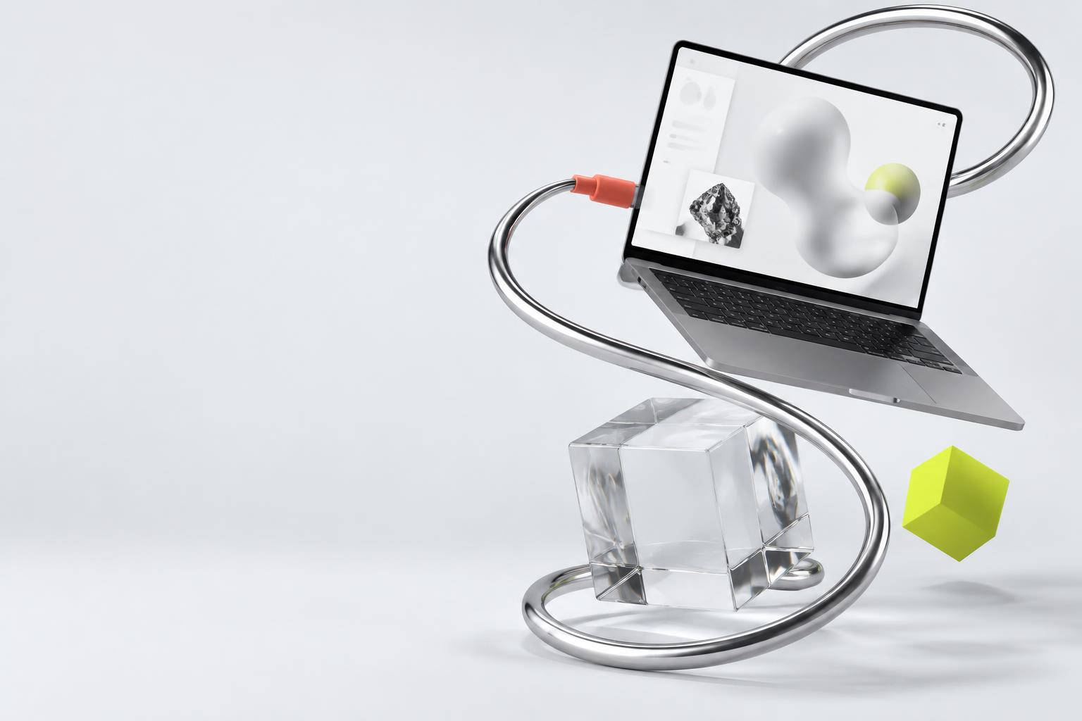 Sculptural chrome loop around a laptop and technology objects